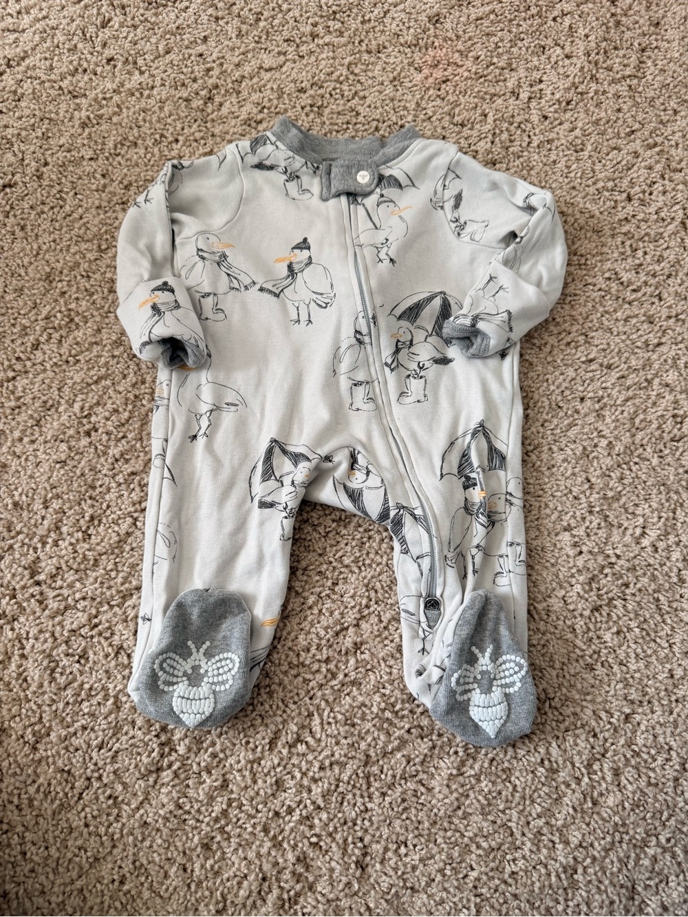 Baby Footed One-Piece in Light Gray with Seagull Print